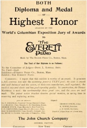 According to this 1893 ad from the John Church Company, Everett pianos won the highest honor at the Columbian Exposition in Chicago. (Image via Amazon)