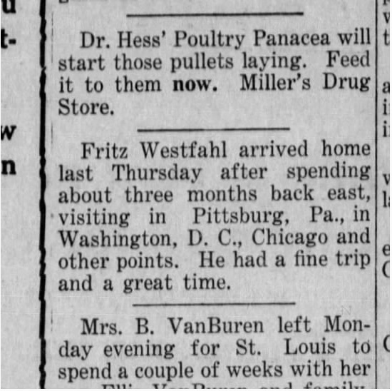 Classified ad reads "Dr Hess' Poultry Panacea will start those pullets laying. Feed it to them now. Miller's Drug Store."