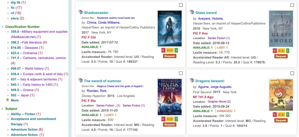 Display of results from our library catalog software after a keyword search for sword. 