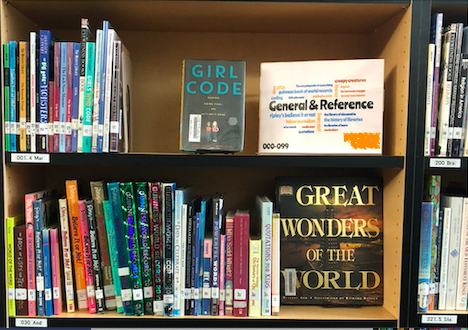 My new nonfiction signs used word clouds to highlight topics covered by the books in each nonfiction section. I placed them on the shelves next to the books they describe to make them easier for the students to read. 