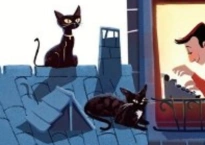 snippet of the book cover for The Cat Who Came in off the Roof focusing on the two cats on the rooftop watching a man and his cat type away on an article late into the night